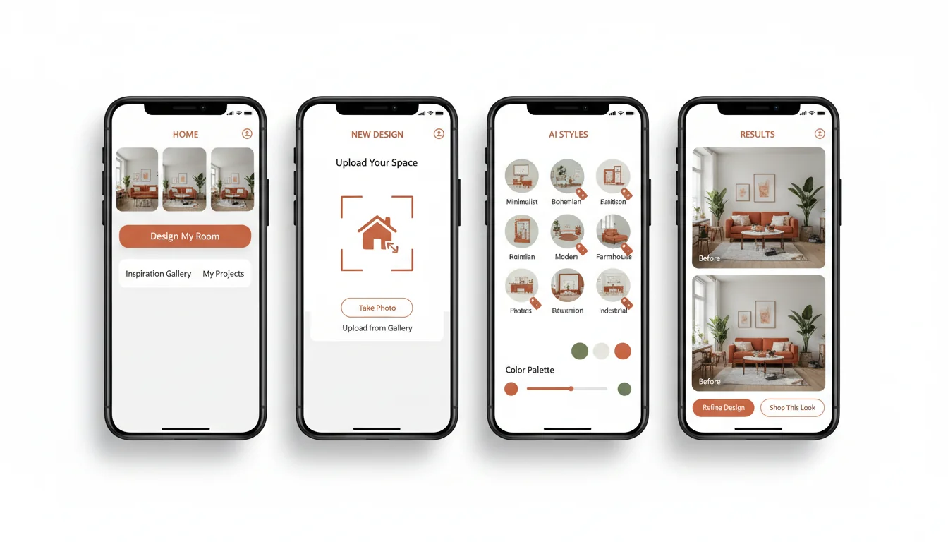 Interfaccia dell'app di design d'interni con IA – design di stanze moderno con l'intelligenza artificiale