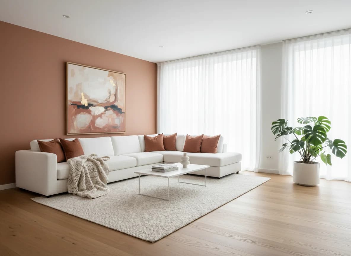 Dopo il design della stanza con IA — lo stesso soggiorno ridisegnato da DecorAI in stile Japandi moderno